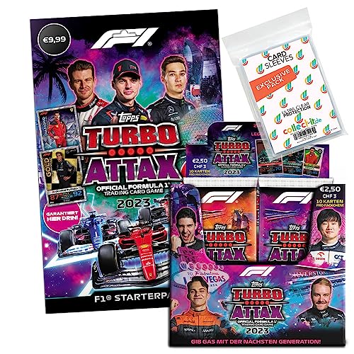Bundle mit Topps - Turbo Attax Formel 1 2023-1 Starter + 1 Display (24 Booster) + Exklusive Collect-it Hüllen von collect-it.de MY HOME OF CARDS + TOYS