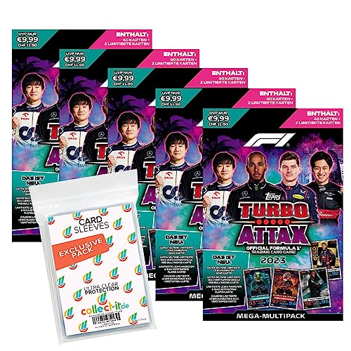 Bundle mit Topps - Turbo Attax Formel 1 2023-5 Mega Multipacks + Exklusive Collect-it Hüllen von collect-it.de MY HOME OF CARDS + TOYS