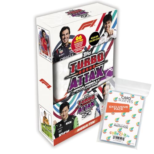 Bundle mit Topps - Turbo Attax Formel 1 2024-1 Mega Tin Box (zufällige Auswahl) + Exklusive Collect-it Hüllen von collect-it.de MY HOME OF CARDS + TOYS