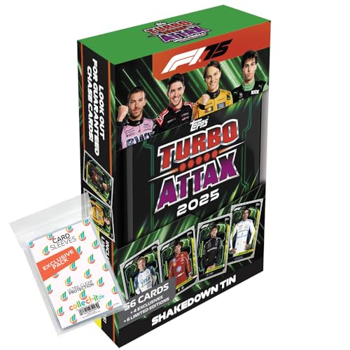 Bundle mit Topps - Turbo Attax Formel 1 2025 - Trading Cards + Exklusive Collect-it Hüllen (1 Mega Tin Box Shake Down) von collect-it.de MY HOME OF CARDS + TOYS