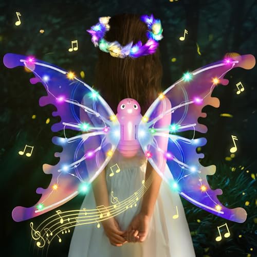 colmanda Elektrische Schmetterlingsflügel, Feenflügel Set mit Federkränze, Leuchtende Flügel mit Musik, Geeignet für Mädchen und Frauen in Karneval oder Fairy Party Cosplay von colmanda