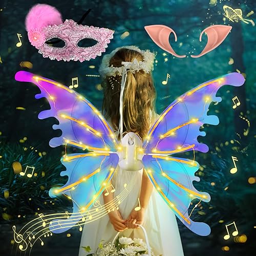 colmanda Elektrische Schmetterlingsflügel, Feenflügel Set mit Maske und Elfenohren, Leuchtende Flügel mit Musik, Geeignet für Mädchen und Frauen an Fasching oder Feen Mottopartys Cosplay von colmanda