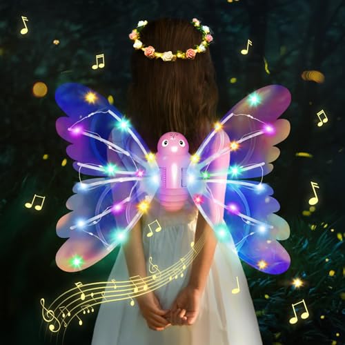 colmanda Elektrische Schmetterlingsflügel, Feenflügel Set mit Rosa Weißer Kranz, Leuchtende Flügel mit Musik, Geeignet für Mädchen und Frauen in Karneval oder Fairy Party Cosplay von colmanda