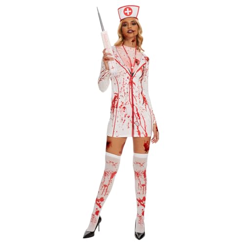 colmanda Kostüm Zombie Krankenschwester, Halloween Krankenschwester Kostüm, Krankenschwester Zombie Set, Halloween Party Verkleidung Kostüm für Mädchen von colmanda