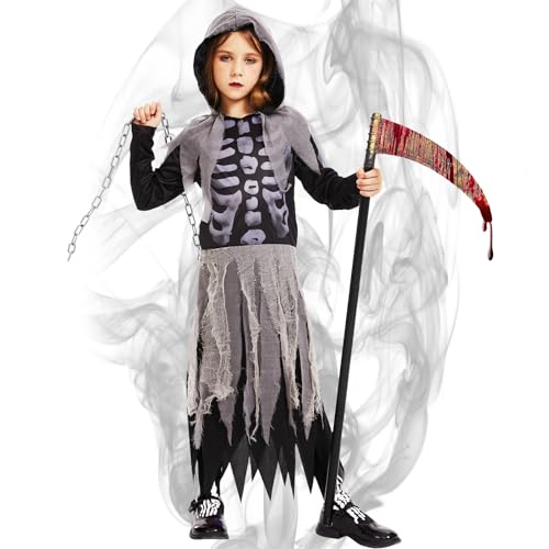 colmanda Sensenmann Mädchen, Grim Reaper Kostüm mit Sense, Ketten, Socken, Skelett-Braut Kinderkostüm, Zombie Kostüm Kinder für Halloween Karneval Party (L) von colmanda