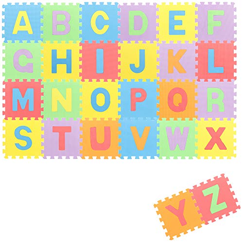 COM-FOUR® 26-teiliges Bodenpuzzle, weiche Puzzlematten mit Buchstaben, optimal für Kinder ab 2 Jahren, praktisches Bodenschutzpolster [Farbmischung variiert] von com-four