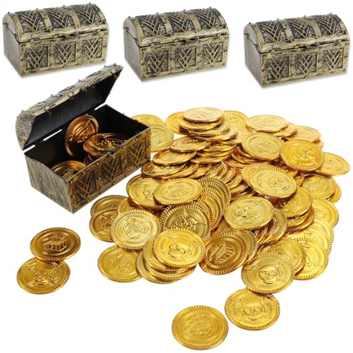 com-four® 104-teiliges Piraten-Spielzeug-Set - 4 Mini-Schatztruhen und 100 Spielzeugmünzen - Mitgebsel-Set - Piraten-Party Zubehör und Deko für Kindergeburtstag und Mottoparty (Set 12-104-teilig) von com-four