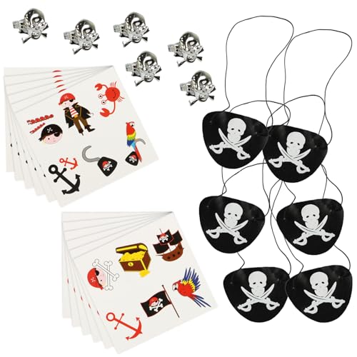 com-four® 24-teiliges Mitgebsel-Set Pirat - Ringe, temporäre Tattoos, Augenklappen für Kindergeburtstag und Mottoparty - Piraten-Party-Zubehör für 6 Kinder [Auswahl variiert] (Set 07 - 24-teilig) von com-four
