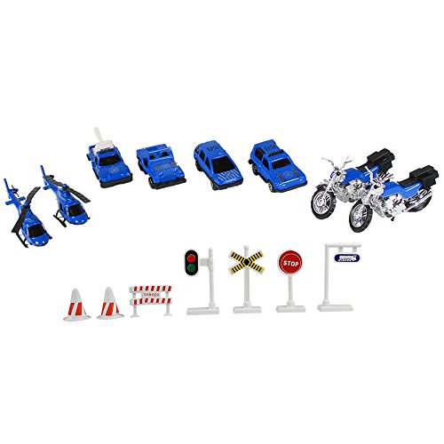 com-four® 15-teiliges Polizei-Autoset mit Hubschrauber, Motorrad und Straßenschilder für Kinder zum Spielen und Sammeln (15-teilig - Polizei) von com-four
