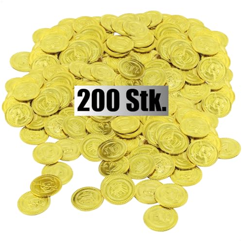 com-four® 200x Piraten-Spielzeugmünzen - Mitgebsel-Set Piraten - Schatzsuche mit Münzen - Piraten-Party Zubehör - Spielzeug-Goldmünzen für Kindergeburtstag und Mottoparty - Piraten-Tischdeko von com-four
