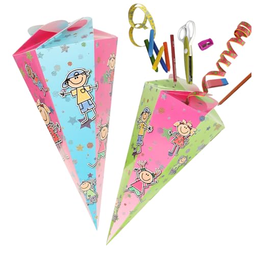 com-four® 2X Schultüte 30cm - Geschwisterschultüten aus Pappe - Faltbare Zuckertüte für die Einschulung zum Schulanfang - Geschenkverpackung für Schulanfänger von com-four