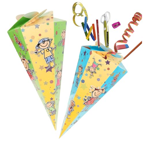 com-four® 2X Schultüte 30cm - Geschwisterschultüten aus Pappe - Faltbare Zuckertüte für die Einschulung zum Schulanfang - Geschenkverpackung für Schulanfänger von com-four