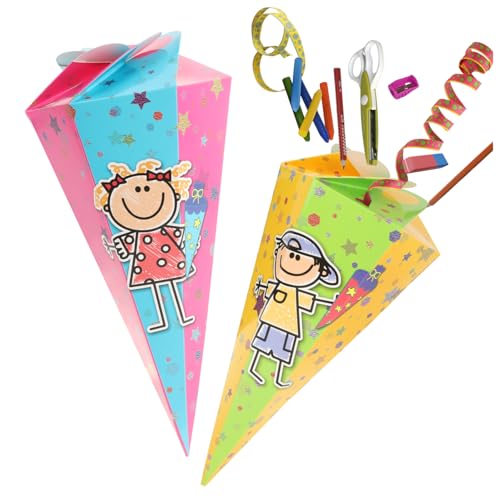 com-four® 2X Schultüte 30cm - Geschwisterschultüten aus Pappe - Faltbare Zuckertüte für die Einschulung zum Schulanfang - Geschenkverpackung für Schulanfänger von com-four