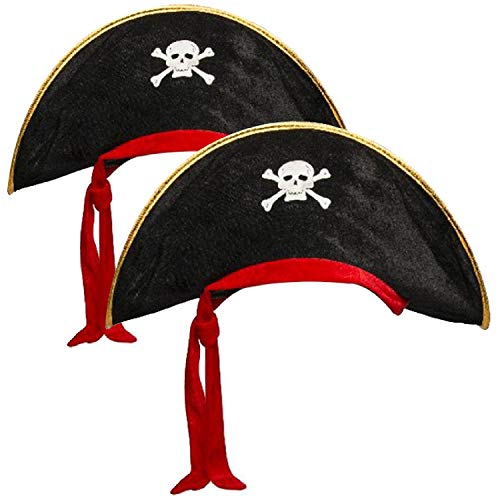 com-four® 2x Piratenhut mit Totenschädel - Hut für Kinder und Erwachsene - Kostüm für Fasching, Karneval, Halloween (02 Stück - Pirat schwarz/rot/goldfarben) von com-four