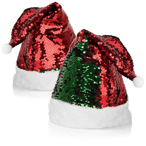 com-four® 2x Weihnachtsmütze mit Wendepailletten - rot-grüne X-Mas-Mütze - Nikolausmütze mit Bommel - glänzende Mütze mit Plüschrand für Nikolaus und Weihnachten (02 Stück - Wendepailletten) von com-four