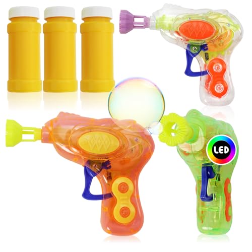 com-four® 3X Mini Seifenblasenpistole mit Seifenblasenwasser für Kinder - Bunte Bubble Shooter mit Seifenblasenlösung und Leuchteffekt - Seifenblasen Pistole für Party, Sommer (3 Stück - Lichteffekt) von com-four