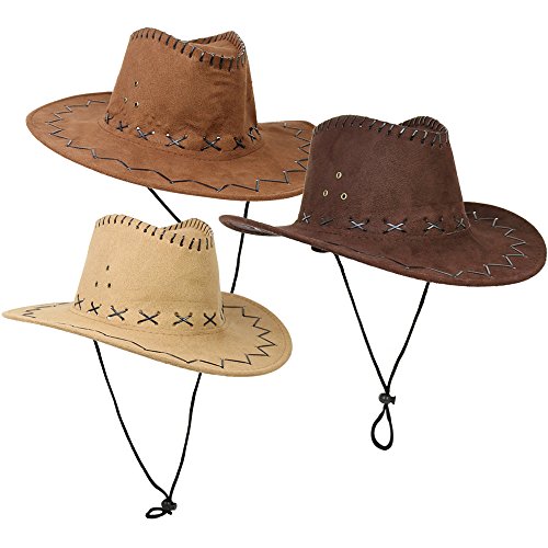 com-four® 3x Cowboyhut für Erwachsene in 3 Farben - Kostüm-Zubehör für Fasching, Karneval, Halloween, Mottoparty - Western-Kopfbedeckung mit Kinnband (03 Stück - Cowboy) von com-four