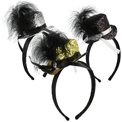 com-four® 3x Haarreif Mini-Zylinder für Halloween - Mini-Hüte mit Feder für Fasching - Haarschmuck für Kostüm bei Motto-Party, Fasching und Silvester (silberfarben/goldfarben/schwarz) von com-four