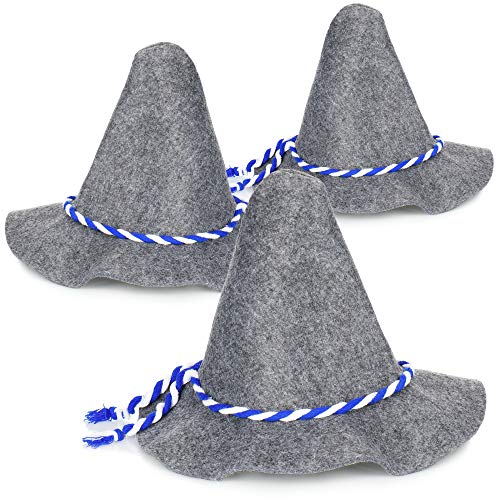 com-four® 3x Seppelhut Filz, Ø 42 x 34 cm traditioneller Filzhut für Oktoberfest, Karneval oder Fasching, großer Trachten-Hut aus Filz mit blau/weißer Kordel (03 Stück - Seppelhut groß) von com-four