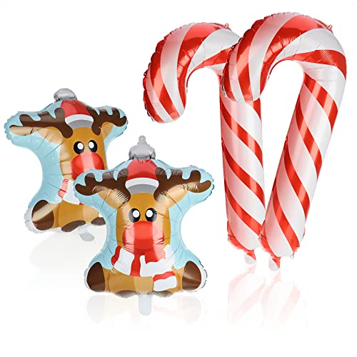 com-four® 4-teiliges Folienballonset - Winterliche Folienluftballons als Rentier und Zuckerstange - Aufblasbare Helium-Ballons (Set 4-tlg. 2x Rentier + 2x Stange) von com-four
