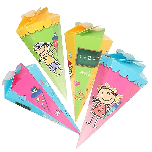 com-four® 4X Schultüte 30cm, Geschwisterschultüten aus Pappe, Faltbare Zuckertüte für die Einschulung zum Schulanfang, Geschenkverpackung für Schulanfänger (4 Stück - Schulsachen + Kids) von com-four