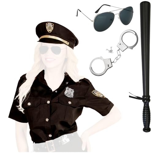 com-four® 5-teiliges Polizei Kostüm Set, Polizistinkostüm für Fasching, Karneval, Halloween, Motto-Partys, Junggesellenabschied, Kostümveranstaltungen (Polizistin Kostüm Gr. M/L + Zubehör) von com-four