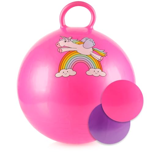 com-four® Hüpfball mit Einhorn-Motiv Ø 43 cm - Aufblasbarer Sprungball mit Griff für Kinder - Hopper Ball für drinnen & draußen [Auswahl variiert] (1 Stück - Einhorn bunt) von com-four