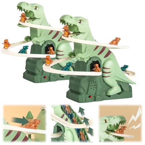 comenem Dinosaurier Spielzeug, Dino Spaß Geschenke Rutsche mit Lichtern und Musik, Rennstrecke Achterbahn Electric Dinosaur Climbing Stairs Dinosaurier Kletterrutsche Spielzeug für Kinder (2Pcs) von comenem