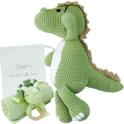 cometrade Baby-Geschenk-Set, 4er, Dinosaurier-Thema - Kuscheltier 28 cm, Baby-Rassel 13 cm, Badetuch & Beutel, handgefertigt für Jungen und Mädchen, für Neugeborene, Kleinkind cometrade Baby-Geschenk-Set, 4er, Dinosaurier-Thema - Kuscheltier 28 cm, Baby-Rassel 13 cm, Badetuch & Beutel, handgefertigt für Jungen und Mädchen, für Neugeborene, Kleinkind von cometrade