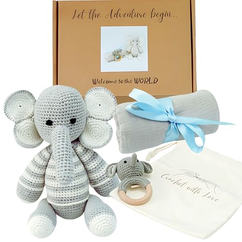 cometrade Baby-Geschenk-Set, 4er, Elefanten-Thema - Kuscheltier 26 cm, Baby-Rassel 11 cm, Badetuch & Beutel, handgefertigt für Jungen und Mädchen, mit Geschenkbox, für Neugeborene, Kleinkind von cometrade