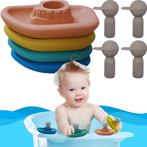 cometrade Badewannenspielzeug - Badespielzeug für Babys Kleinkinder, 4er Set schwimmende Boote mit 4 Kapitänen, stapelbar, umweltfreundlich, Silikon ohne Weichmacher von cometrade