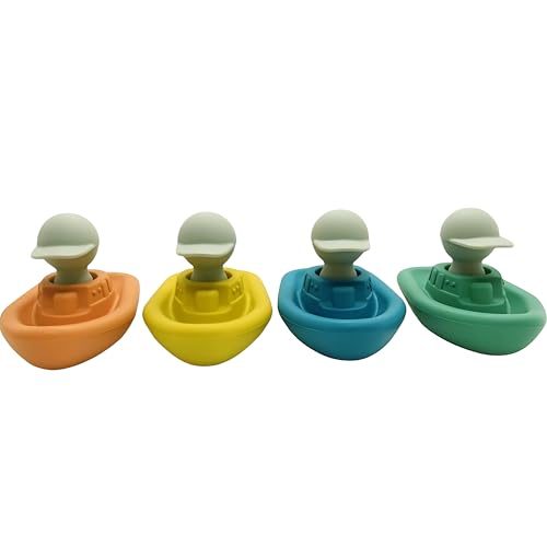 cometrade Badewannenspielzeug - Badespielzeug für Babys Kleinkinder, 4er Set schwimmende Boote mit 4 Kapitänen, stapelbar, umweltfreundlich, Silikon ohne Weichmacher von cometrade