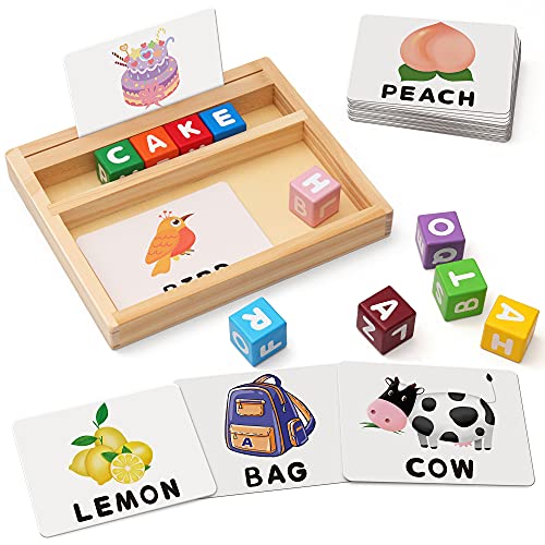 Coogam Farbblöcke Rechtschreibspiele, Holz Matching Letters Spielzeug mit Wörtern Karteikarten, Alphabet ABC Lernen pädagogische Montessori Puzzle Geschenk für Kinder im Vorschulalter Jungen Mädchen von Coogam