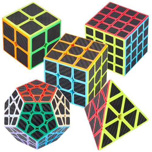 Coolzon Zauberwürfel 5 Stück Speed Cube Set Pyraminx + Megaminx + 2 x 2 + 3 x 3 + 4 x 4 Magic Puzzle Cube Würfel Carbon Faser Aufkleber in Geschenkbox für Kinder Erwachsene von Coolzon