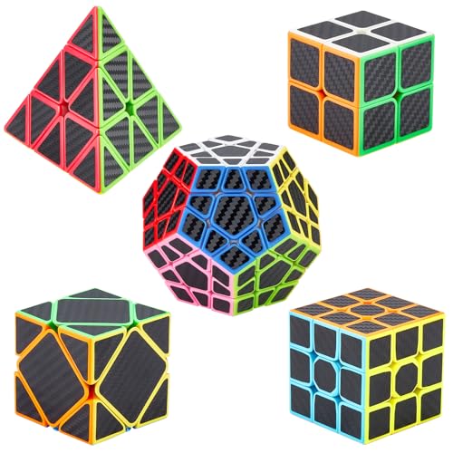 Coolzon Zauberwürfel Geschenkset 5 Pack Pyraminx + Megaminx + 2x2x2 + 3x3x3 + Skewb mit Geschenkbox Neue Geschwindigkeits Carbon Faser Aufkleber von Coolzon