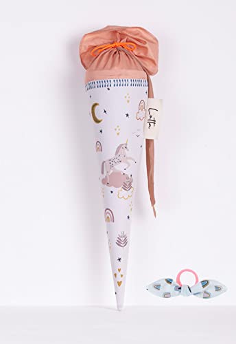 coopz Schultüte 50 cm Einhorn Nr. 2 mit Haarschleife Weiß Handmade Zuckertüte, Farbe:Off-White von coopz