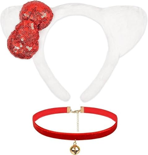 Katzenohren-Haarband-Set mit niedlicher roter Schleife und Glocken-Halskette, weißes Katzenohren-Haarband, Geschenk für Mädchen, Halloween-Party, Cosplay-Zubehör (weiß-rotes Kostümset) von corgi butt