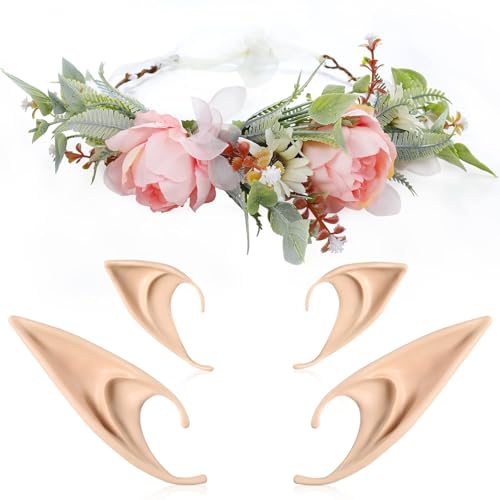 Kuh-Kostüm-Set – Ohren-Stirnband und Glockenhalsband, Kostümzubehör für Erwachsene, Damen, Tier, Halloween, Cosplay, Verkleiden (grüner Elfenkranz, Ohr-Set) von corgi butt