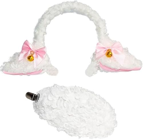 Lamm Kostüm Zubehör Set Schafsohren Stirnband Schwanz für Halloween Cosplay Party Karneval Damen (Schwarz Weiß Schaf Kostüm Set) von corgi butt