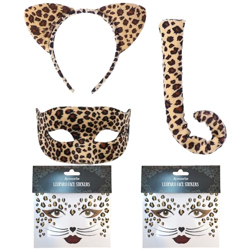 Leopard Katze Kostüm Set Dalmatiner Hundeohren Stirnband Gepard Welpe Schwanz Fliege Gesicht Aufkleber für Cosplay (Leopard Katze Kostüm) von corgi butt