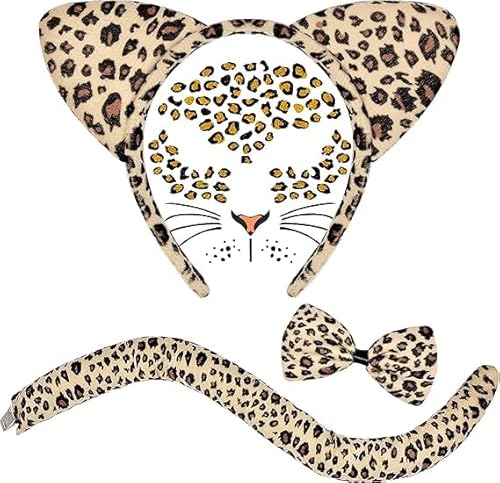 Leoparden-Katzenkostüm-Set, Dalmatiner-Hundeohren, Stirnband, Gepard, Welpenschwanz, Fliege, Gesichtsaufkleber für Cosplay (braune Ohren, Stirnband) von corgi butt