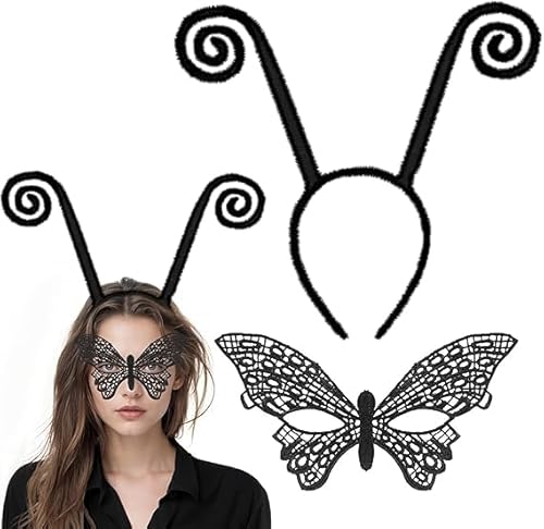 Schmetterling Antenne Stirnband mit Schmetterling Spitze Maske für Halloween Cosplay Kostüm Zubehör Schwarz Groß (Schwarz Stirnband mit Maske) von corgi butt