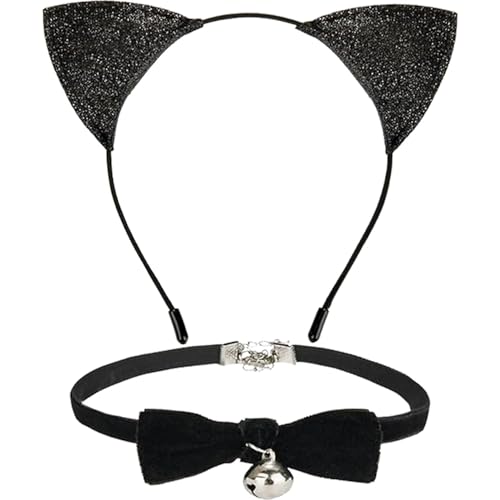 Schwarzes Katzenohren-Haarreif mit Glöckchenhalsband, glitzernde Katzenohren, Stirnbänder für Halloween, Party, Katzenkostüm-Zubehör (schwarzes Kostüm-Set 1) von corgi butt