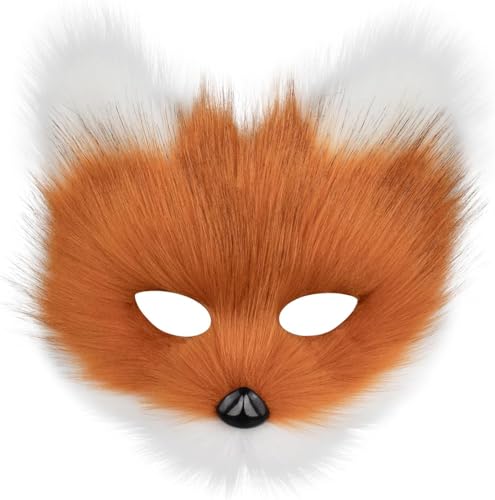 corgi butt Fuchsmaske aus Kunstfell, Wolfskatze, flauschiger Schwanz und Leder-Halsketten-Set, Halloween-Party, Cosplay, Kostümzubehör (braun-weiße Fuchsmaske) von corgi butt