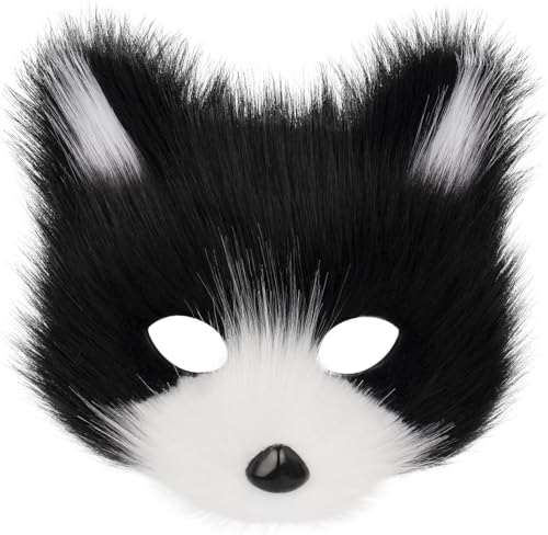 corgi butt Kunstfell-Fuchsmaske, Wolfskatze, flauschiger Schwanz und Leder-Halsketten-Set, Halloween-Party, Cosplay, Kostümzubehör (schwarz weiß) von corgi butt