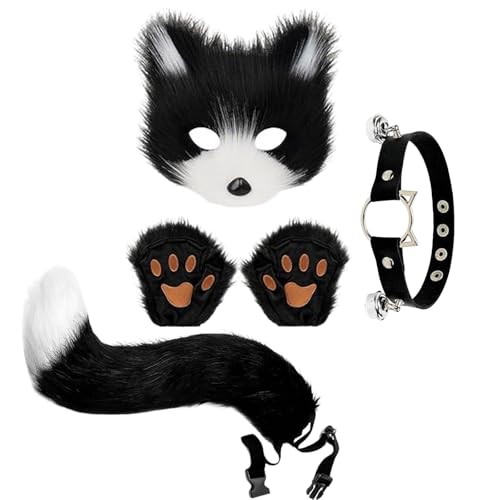 corgi butt Kunstpelz Fuchsmaske Wolf Katze Flauschiger Schwanz und Leder Halskette Set Halloween Party Cosplay Kostüm Zubehör (Schwarzweiß) von corgi butt