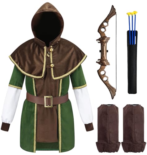 Kinder Robin Hood Kostüm mit Pfeil und Bogen | Für Jungen & Mädchen | grün, braun Größe 122/128 Kinder Robin Hood Kostüm mit Pfeil und Bogen | Für Jungen & Mädchen | grün, braun Größe 122/128 von corimori