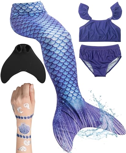 Meerjungfrauenflosse für Mädchen, Kinder, Jugendliche Schwimmfosse mit Bikini und Tattoos | blau schwarz von corimori