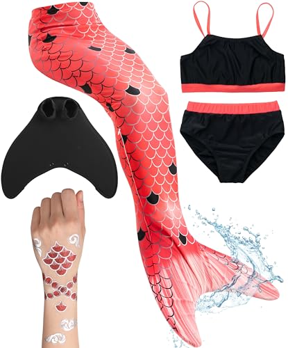 Meerjungfrauenflosse für Mädchen, Kinder, Jugendliche Schwimmfosse mit Bikini und Tattoos | rot schwarz von corimori