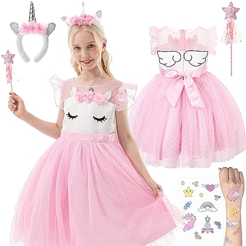 corimori Bequemes Einhorn Kleid für Mädchen mit Flügeln, Haarreif, Glitzer Zauberstab und Tattoos | Einhorn Kostüm Kinder Einhorn Lily, Rosa 128/134 von corimori